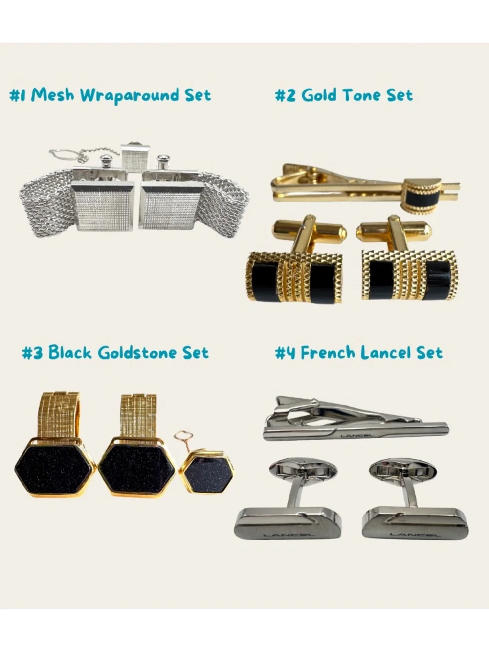 Vintage Mens Cufflinks Tie Clips Pins Lot 4 Sets Retro Wedding Groom Business
